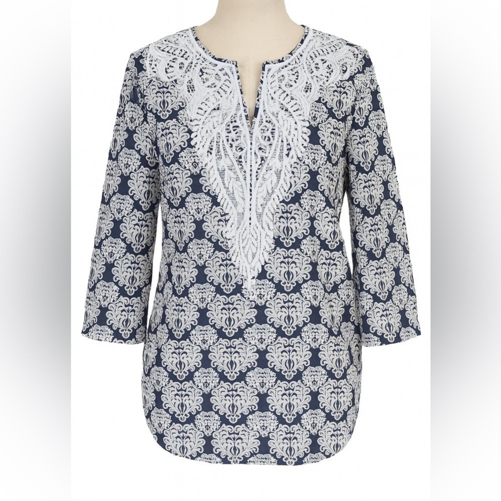 Talbots Navy and White Lace Blouse